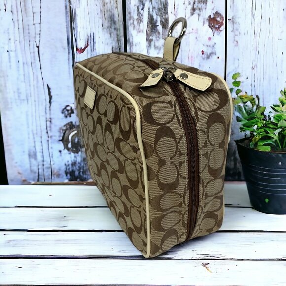 COACH Signature Cosmetics Toiletries Travel Bag Brown & Khaki Canvas & Leather - Picture 4 of 13